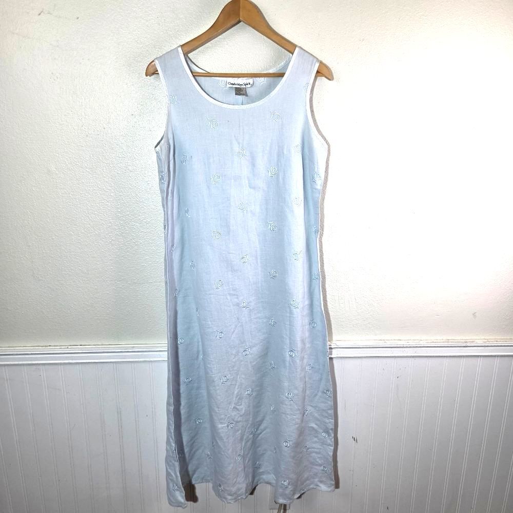 Vintage Cambridge Spirit Linen Dress PL Light Blue Embroidered Floral Shift Midi